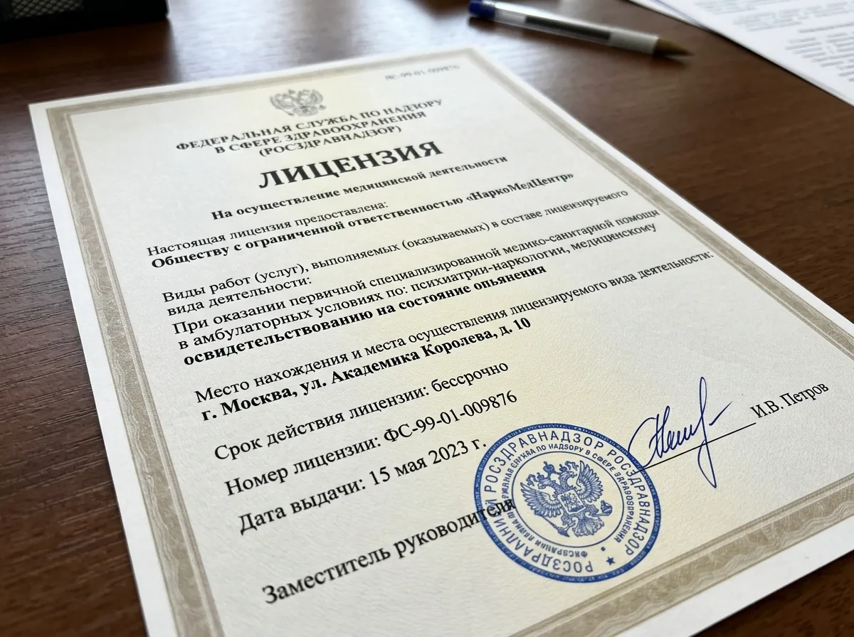 Лицензия Росздравнадзора на медицинскую деятельность по профилю наркология, официальный бланк с печатью и подписью, крупным планом текст документа