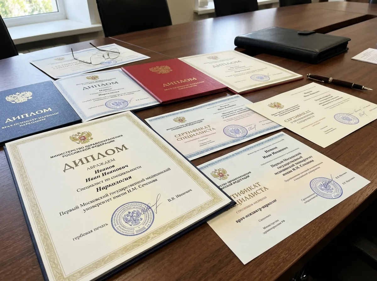 Дипломы и сертификаты специалистов-наркологов, разложенные на столе, документы государственного образца с гербовой печатью